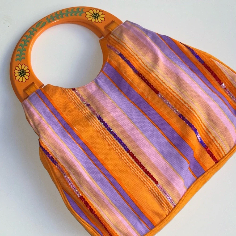 Hand-Painted Wooden Handle Boho Striped Bag - Picture 4 of 9